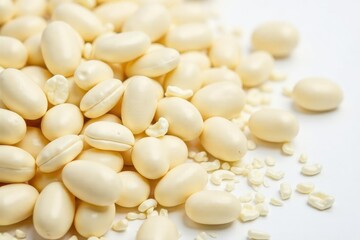 Close-up of numerous white beans against a stark white backdrop, food, culinary arts