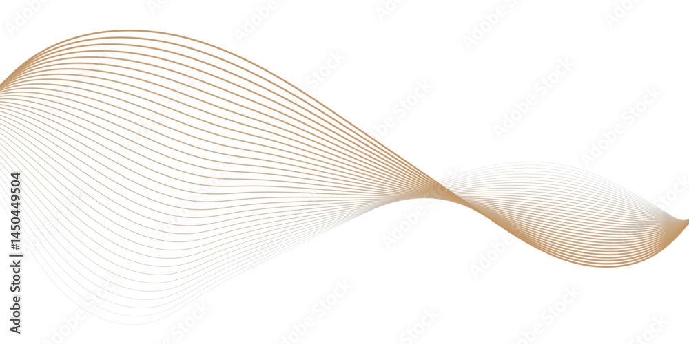 Wall mural abstract flowing golden particles wave curved lines on transparent background. frequency sound, tech