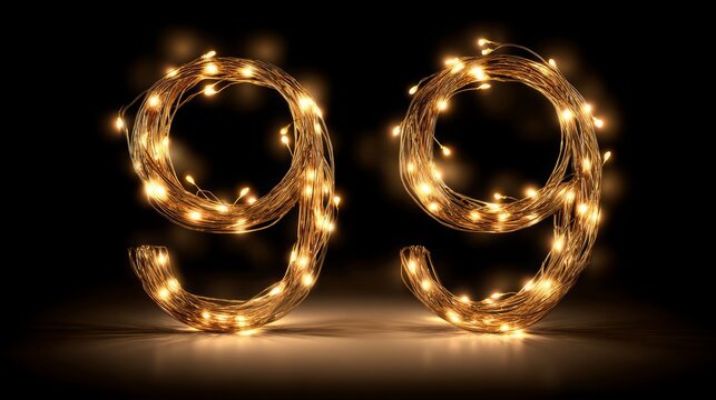 Number 99 illuminated with string lights against a dark background
