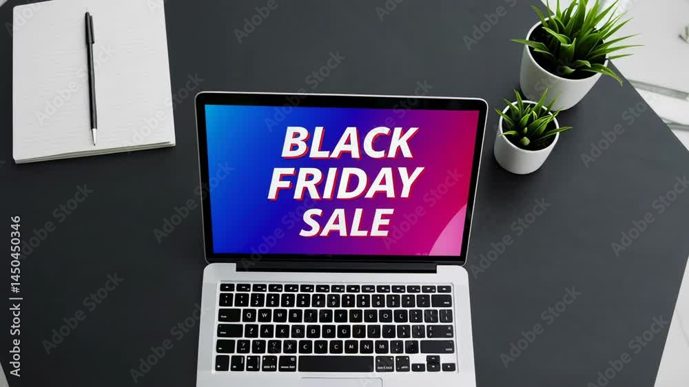 Poster modern laptop computer displaying black friday sale banner on screen, placed on a dark desk next to 