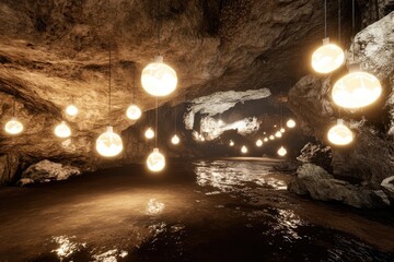 Cave interior lit by glowing hanging lamps.  Dark cave walls,  light reflecting on the floor