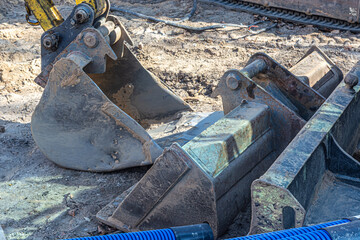 Excavator bucket. Construction machinery and hydraulics. Heavy equipment.