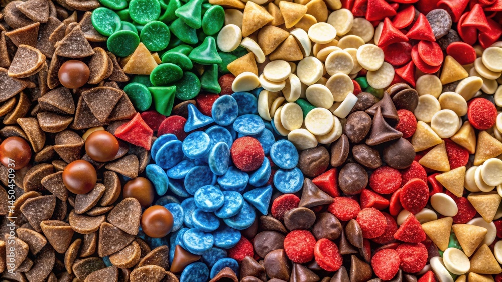Poster A vibrant and colorful array of chocolate chips and sprinkles, featuring a diverse range of shapes, sizes, and colors, creating a delicious and tempting visual feast.