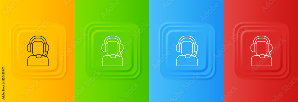 Poster white man with a headset icon isolated on colorful background. support operator in touch. concept fo