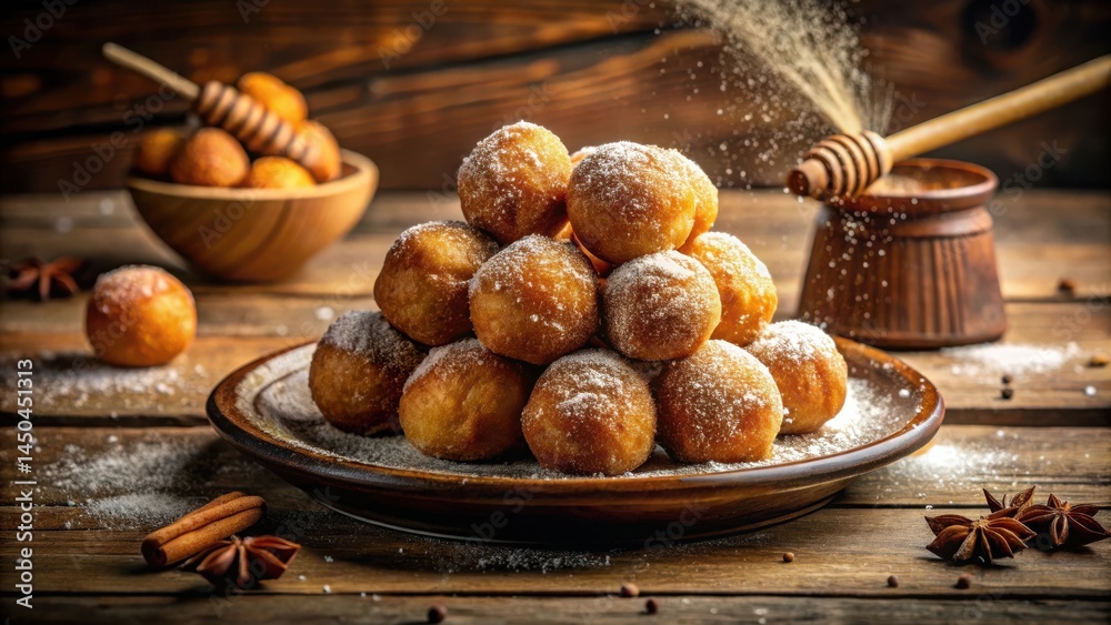Aufkleber a delectable pyramid of golden-brown fried dough balls, dusted with powdered sugar and drizzled with