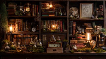 Vintage bookshelf filled with old books, laboratory glassware and moss decor