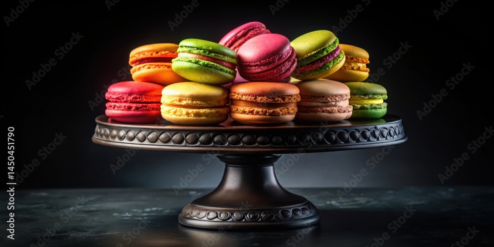 Poster a delectable assortment of colorful macarons displayed on a black pedestal against a dark backdrop.