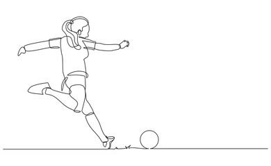 Continuous line drawing of football player kicking ball. Single one line art of young woman soccer player dribbling and juggling ball. Editable stroke vector illustration © stylusstudio