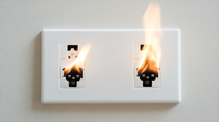 Electrical fire hazard: Flames erupt from a faulty outlet, causing a dangerous situation. Immediate action is required to prevent further damage and ensure safety.