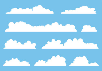 Cloud set in flat style. Simple cloud shapes. Collection of white clouds. Fluffy white clouds, fluffy and cartoon cumulus clouds on blue sky. Sky objects clouds for the game. Vector illustration.