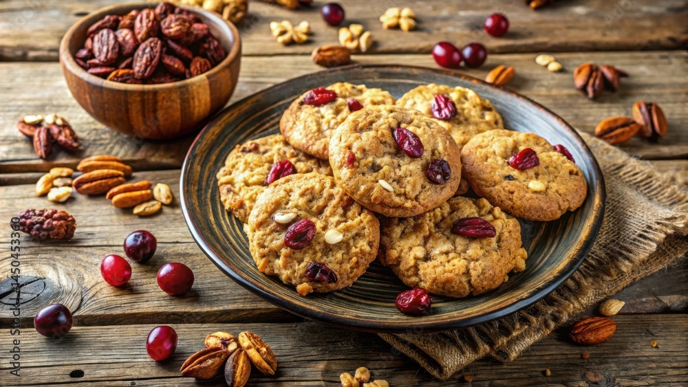 Aufkleber A plate of cranberry and pecan cookies on a rustic wooden table with scattered nuts and cranberries