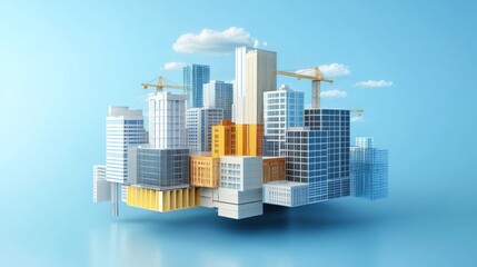 Modern buildings and construction cranes under blue sky