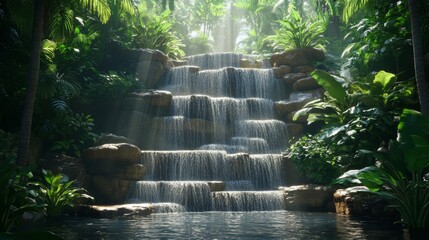 Serene Waterfall Cascading Through Lush Tropical Foliage
