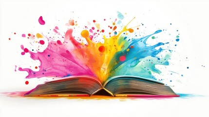 Open book with colorful paint splashes on white background