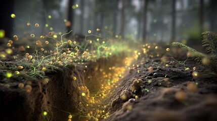 Realistic scene showing microbe involved carbon sequestration process forest environment background feature tree forest soil glowing microbe interacting soil Natural forest background earthy tone no