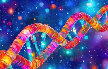Vibrant DNA helix against a cosmic backdrop.  Colorful, stylized double helix structure.  Bokeh effect in space-like background