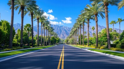 Palm tree lined road to mountains