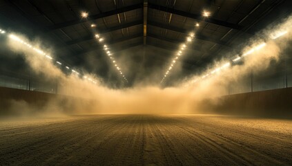 A large, dark indoor arena with a sandy floor and a cloud of dust