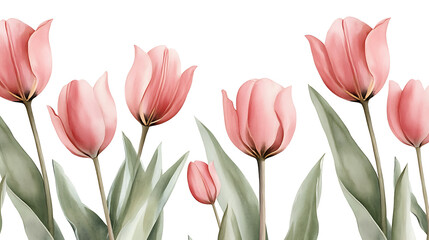 Fototapeta premium Botanical watercolor illustration with pink tulips on white background for spring Greeting Cards and nature design Art