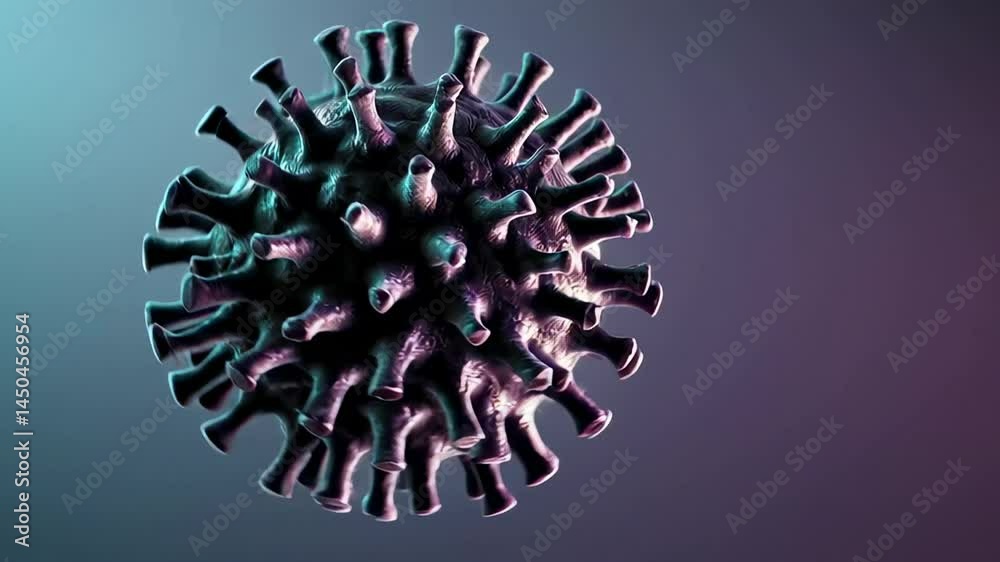 Poster microscopic viral cell rotating against vibrant gradient background, revealing intricate structural 