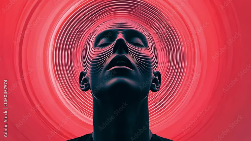 Poster Red circular waves envelop a man's head, creating a mesmerizing visual journey exploring themes of energy, perception, and altered states of consciousness