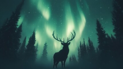 Majestic Stag Silhouette Underneath Northern Lights in Forest