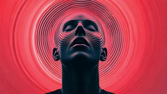Red circular waves envelop a man's head, creating a mesmerizing visual journey exploring themes of energy, perception, and altered states of consciousness