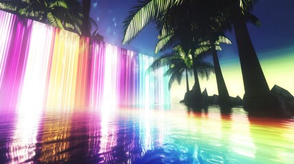 Vibrant, colorful waterfall cascading into a tranquil, tropical lagoon