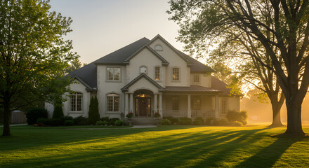 Elegant Home Exterior With Sunlit Lawn And Mature Trees At Golden Hour