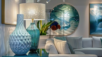 Un coin de la piÃ¨ce dÃ©corÃ© avec une vitrine sur socle texturÃ©. Une lampe verte audacieuse en verre et un vase blanc sculptural reposent sur les