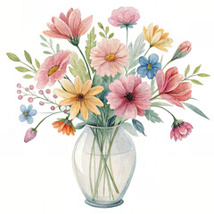 Obraz premium a vase with flowers watercolor hand paint on a solid white background