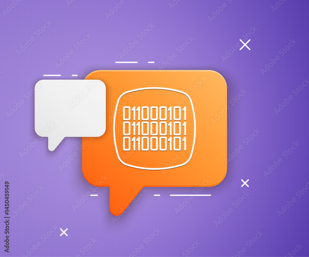Poster white binary code icon isolated on purple background. orange speech bubble symbol. vector