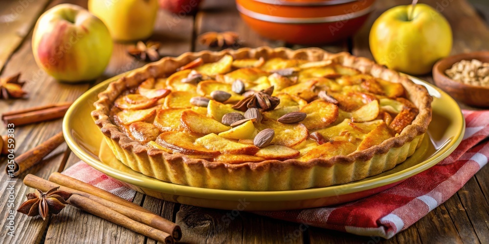 Aufkleber a golden brown apple pie with a flaky crust, topped with caramelized apple slices and cinnamon stick