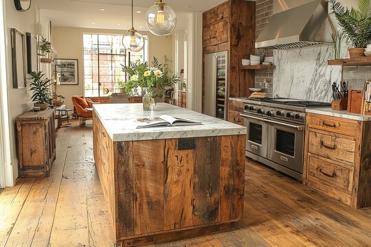 Kitchen in an upper middle class home with stainless steel appliances, marble center island, natural light, and wood cabinets, featuring pendant lighting and fresh flowers.