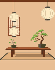 Serene Bonsai Sanctuary: A tranquil scene featuring elegant bonsai trees gracefully placed on a wooden table.
