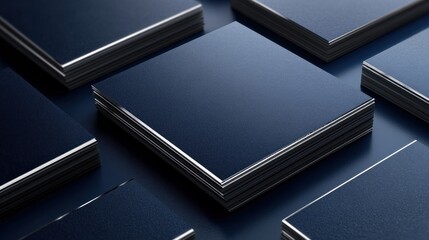 Dark navy blue square layered objects.  Close-up view of multiple stacks of dark navy blue, square,  smooth objects with subtle silver edges.  A contemporary, minimalist design