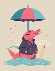 Crocodile Under Umbrella: a charming artistic illustration. The vibrant crocodile shelters beneath a playful umbrella, in a delightful illustration of a rainy day adventure.