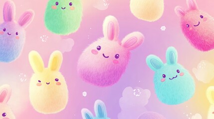 Pastel colored cute fluffy bunnies pattern background.