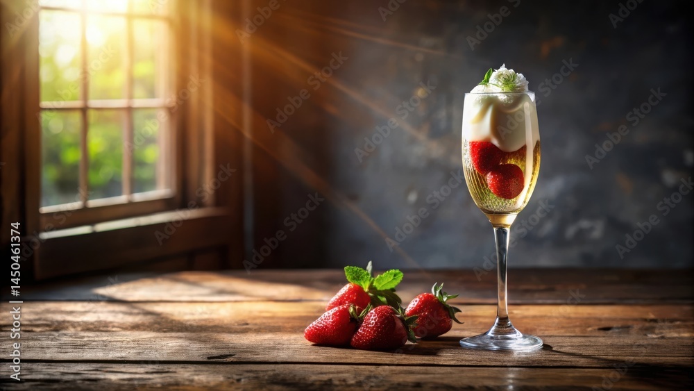 Poster a glass of sparkling wine with strawberries and whipped cream, sunlit table, and a window in the bac