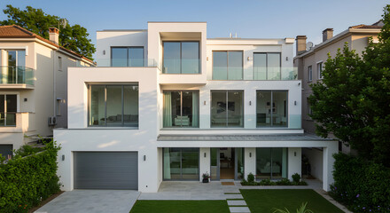 Fototapeta premium Modern Residence Showcase Exterior White Stucco Three Story Home Architecture
