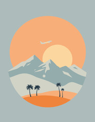 Adventure Awaits: A minimalist vector illustration of a desert landscape framed within a circle. Majestic mountains and swaying palm trees, with a sun and plane setting the scene for an adventure.