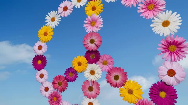 Colorful blossom peace sign on blue sky. Flower arranged into a pacifist symbol for advocating non violence, spring, summer, environment, ecology concept.