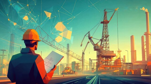 Engineer overseeing industrial complex with digital overlay