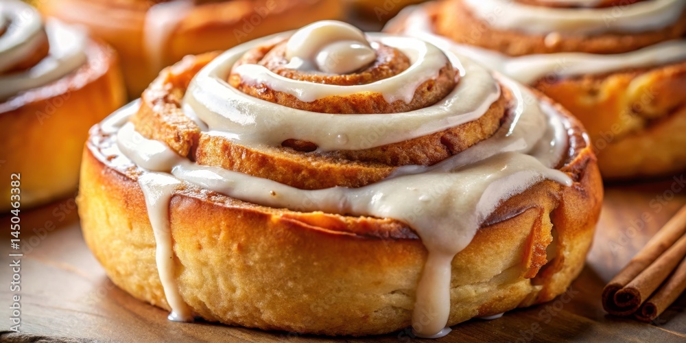 Poster a close up of a freshly baked cinnamon roll with icing, drizzled with a creamy glaze, and a few cinn