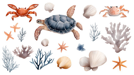 Fototapeta premium Tropical fish, turtle, crab, coral, shells, and starfish isolated background. Marine life watercolor illustration set