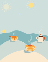 Pancakes and Coffee in the Morning: An illustration of a serene morning scene featuring stacks of fluffy pancakes and a steaming cup of coffee.