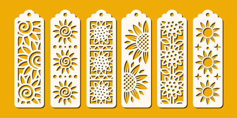 Set of summer vertical bookmarks with sunflower pattern. Laser cut template. Decorative floral bookmark stencil for paper, wood and metal cutting. Vector design with flowers