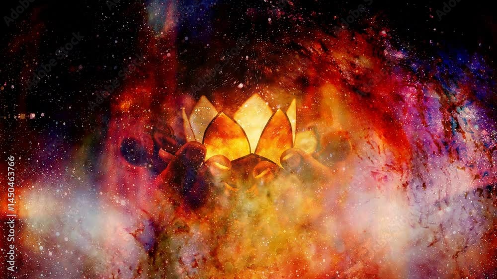 Poster lotus candle holder laying on woman hands on abstract structured space background. Loop Animation.