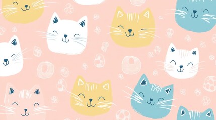 Cute cat faces in a playful pastel pattern design.