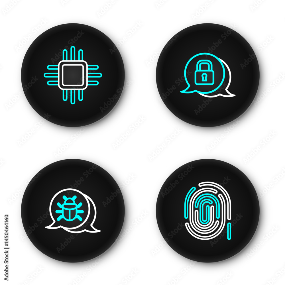 Poster set line fingerprint, system bug, cyber security and processor with microcircuits cpu icon. vector